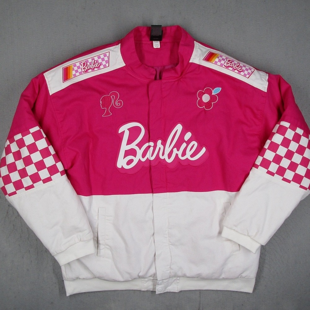 BoxLunch Barbie Racing Jacket Pink White Organic Cotton 2X WJ202304 20560807